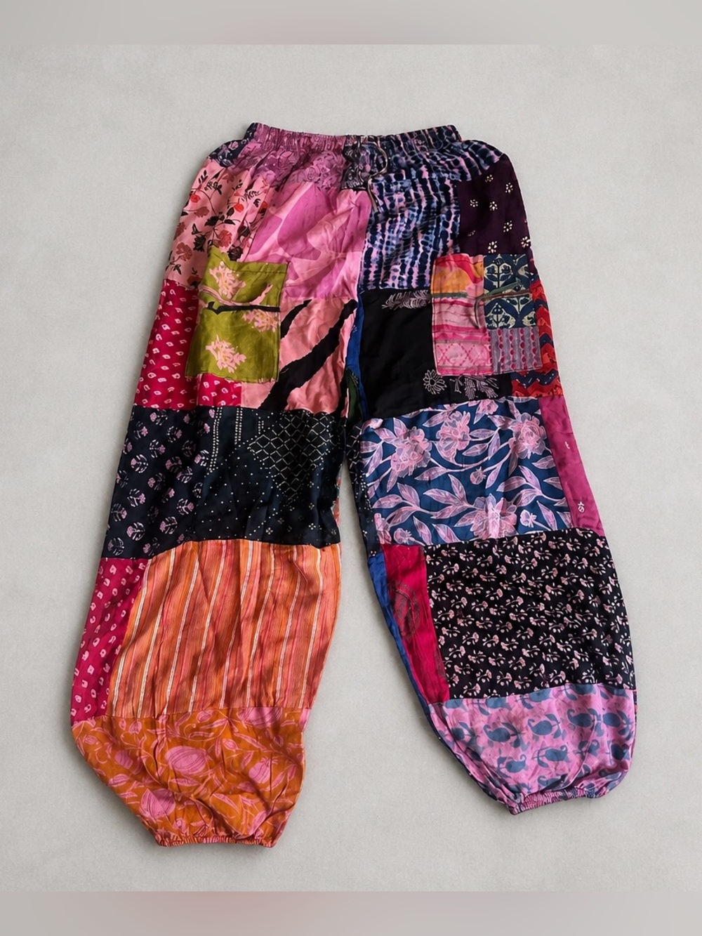 Patchwork Wide-Leg Harem Pants in Pink Multicolor
